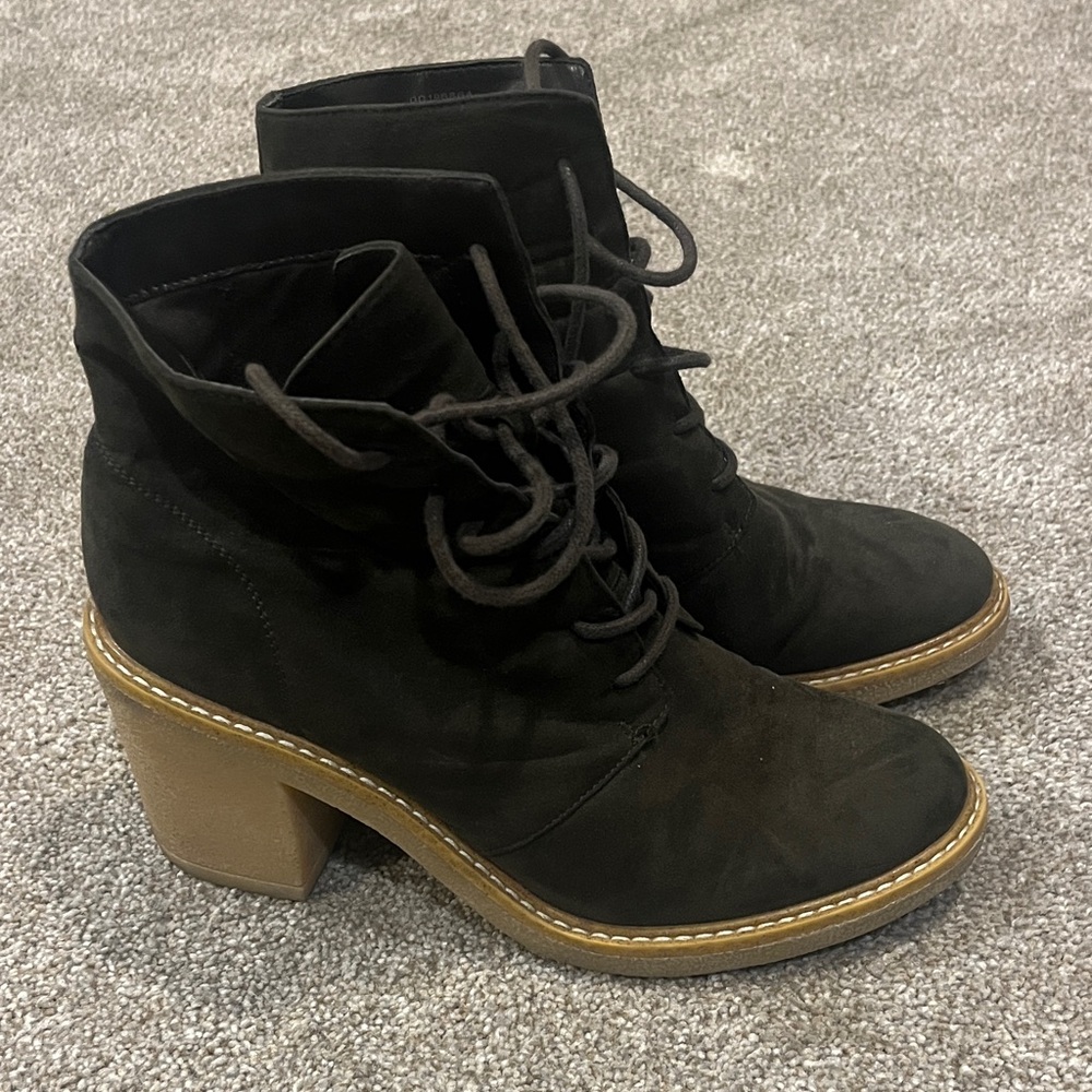 Brownish Green Suede Ankle Boots with Tan Rubberish Heel- Forever 21